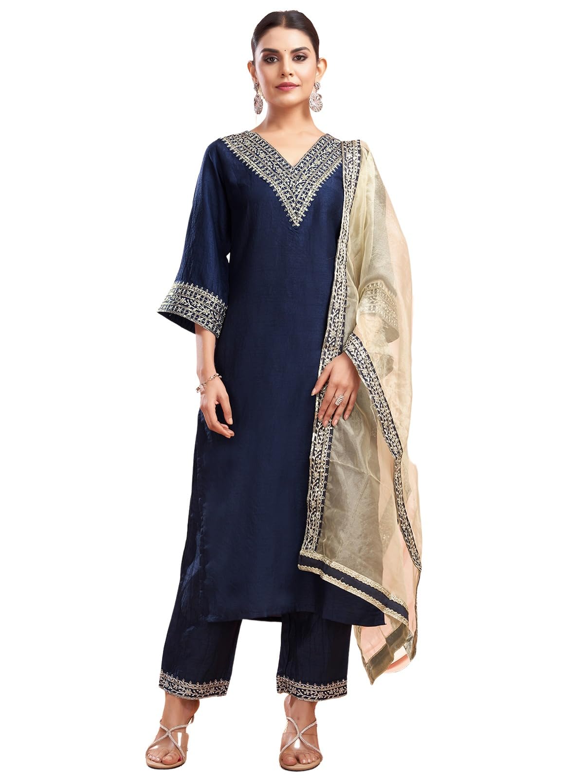 Sanisa Women's Silk Sequence And Embroidery Work Lace Straight Kurta With Pant And Dupatta Set (104Kbd1137Nb-Xl_Navy Blue)