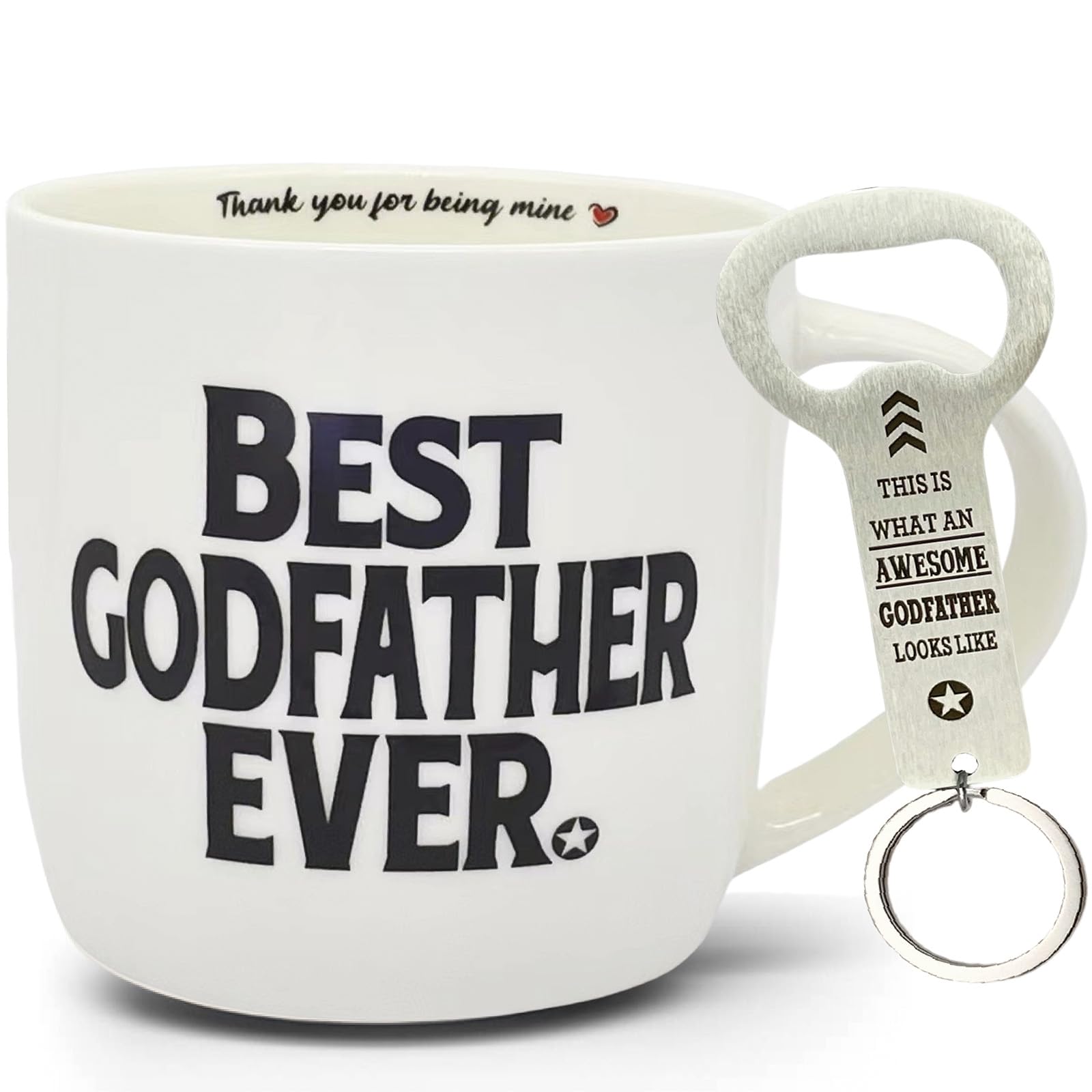 MALLAbyLAMMA Best Godfather Mug 12 Ounce Ceramic, Godfather Bottle Opener Keychain, Best Godfather Ever Gifts, Godfather Gift for Men, Appreciation
