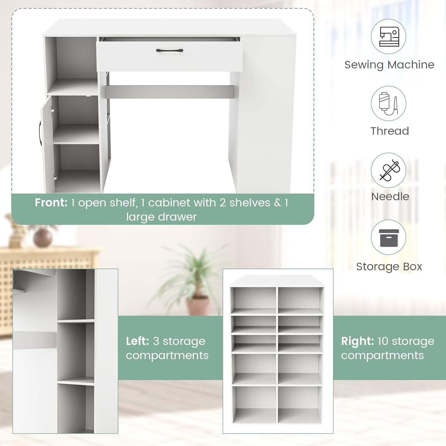 Giantex Craft Table with Storage, 53'' Artwork Sewing Table with 14 Cube Storage Shelves, Large Drawer, Cabinet with 2 Shelves, 36'' Counter Height Sewing Workstation White Drafting Writing Desk