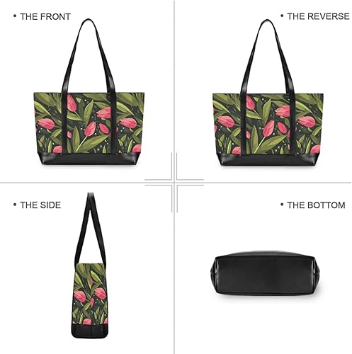 Miniatura 3 de Pink Tulipa Green Leaves Flat Illustration Style Large Capacity bag with laptop compartment with zipper laptop travel bag for ladies with college