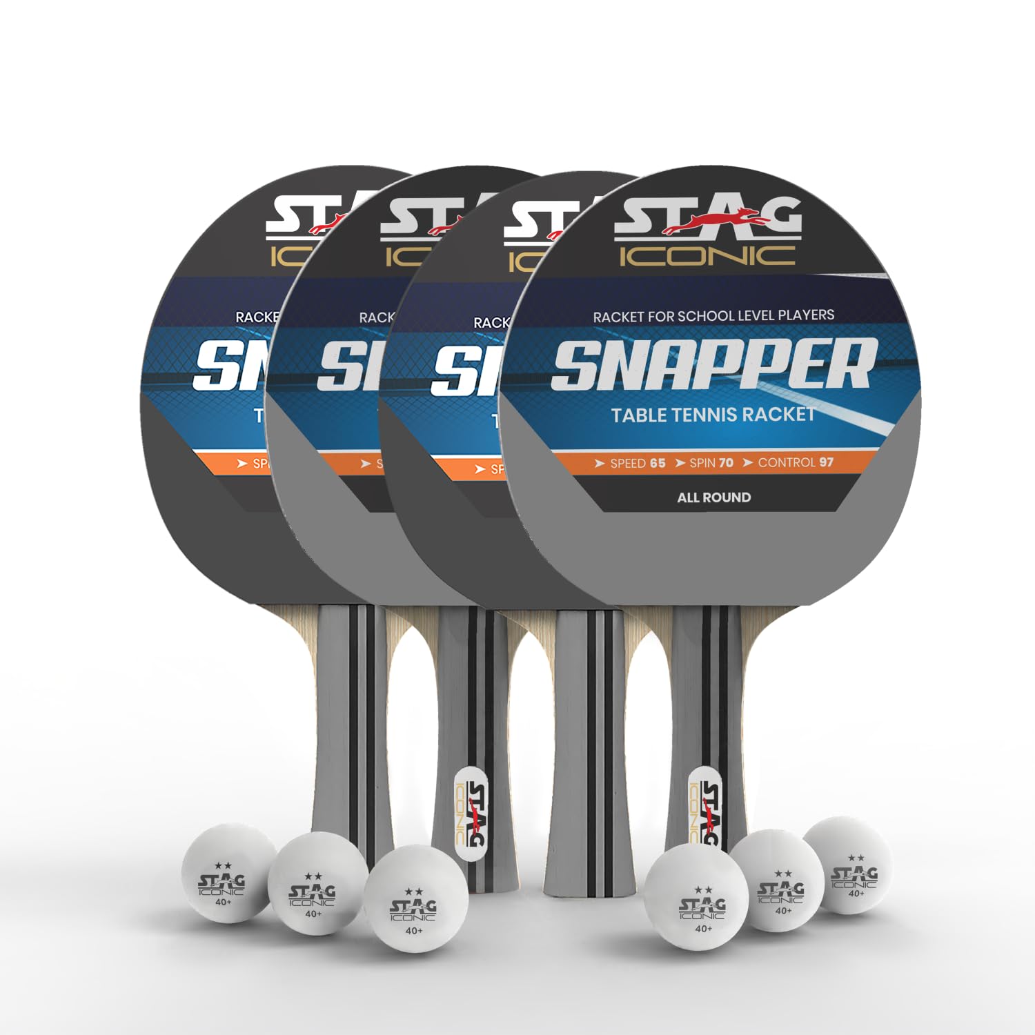 stag iconic snapper series table tennis playset| spring into action with vibrant ping-pop colors| intermediate training series t.t racquets with high performance supreme tt balls-4 player playset