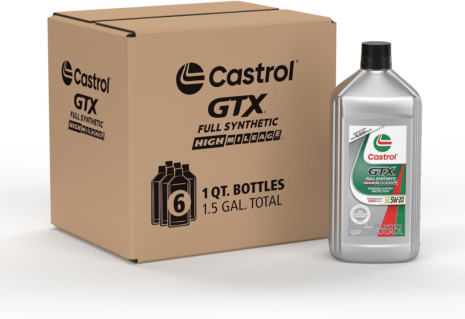 Castrol GTX Full Synthetic High Mileage 5W-20 Motor Oil, 1 Quart, Pack of 6