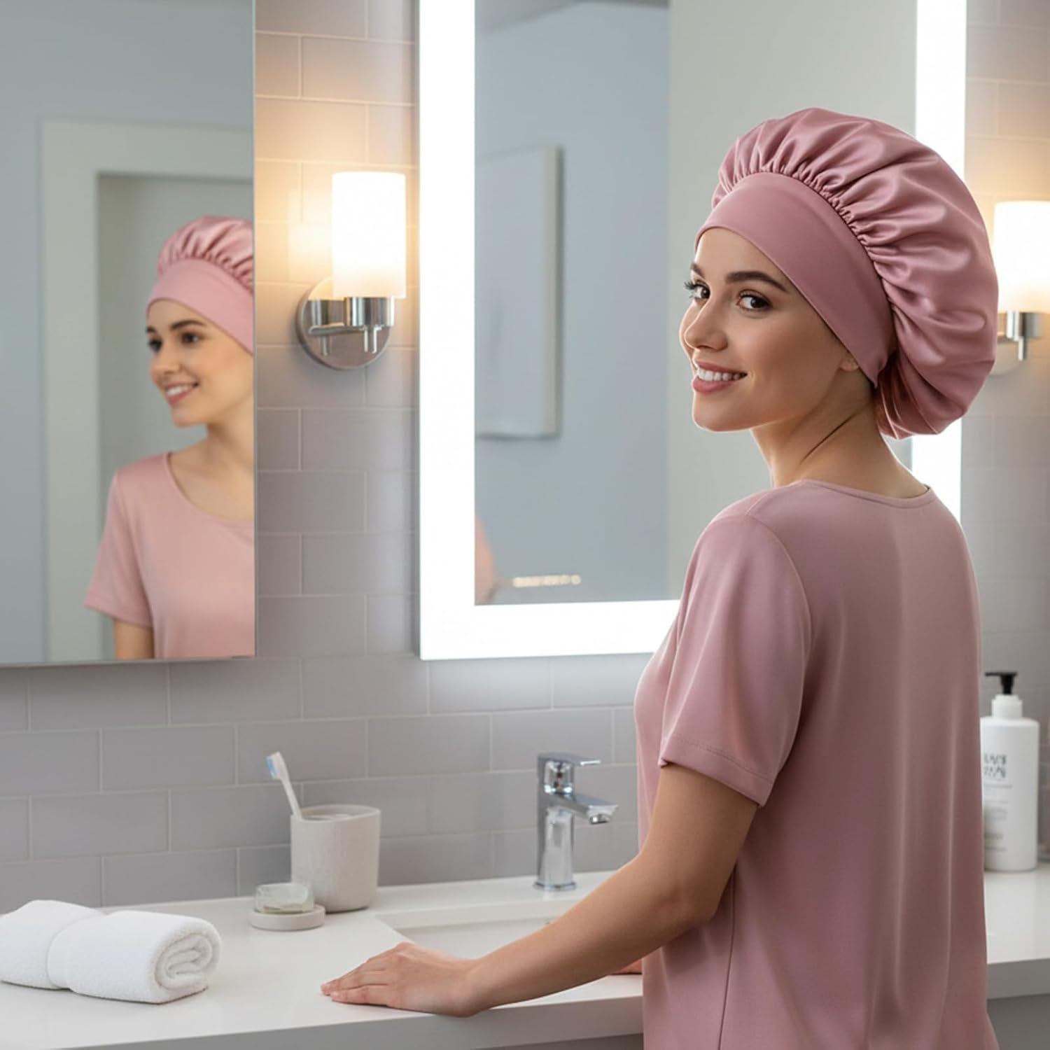 Silk Bonnet for Sleeping Women Curly Hair Bonnets with Tie Band Double Layer Reversible Sleep Bonnet Silk Hair Wrap Sleep Cap - Image 4