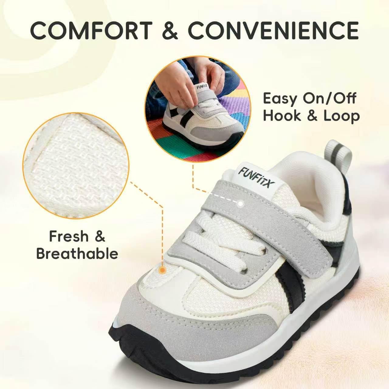 Toddler Shoes Sneakers for Boys Girls, Wide Toe Box | Flexible Sole Athletic Walking Shoes | Breathable Mesh & Easy-Clean Faux Leather Slip-On, Daycare, Size 4-8