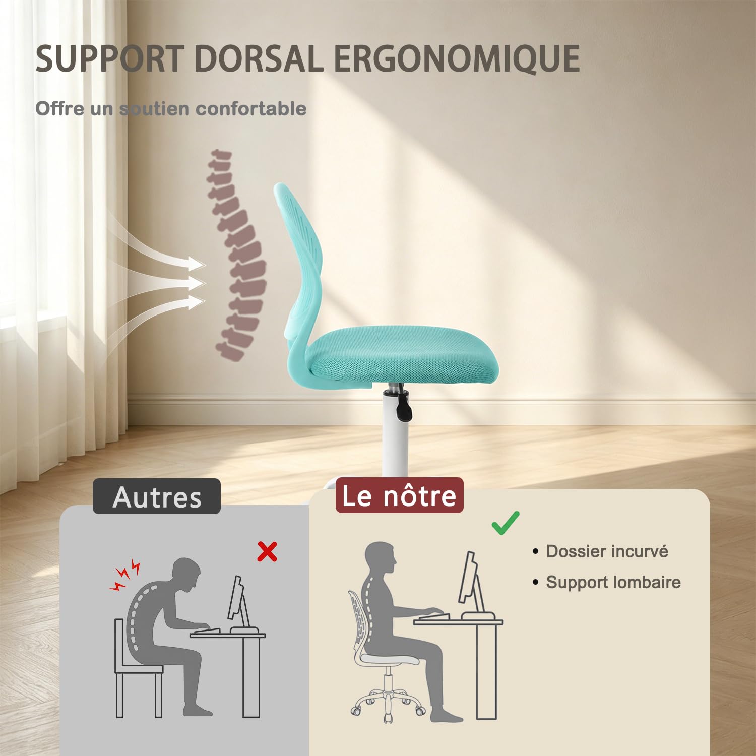 Sedia da ufficio ergonomica in tessuto, 45,5 × 39 × 85 cm, turchese | Girevole senza braccioli, altezza regolabile, comfort schiuma, carico 120 kg, scrivania camera da letto lettura