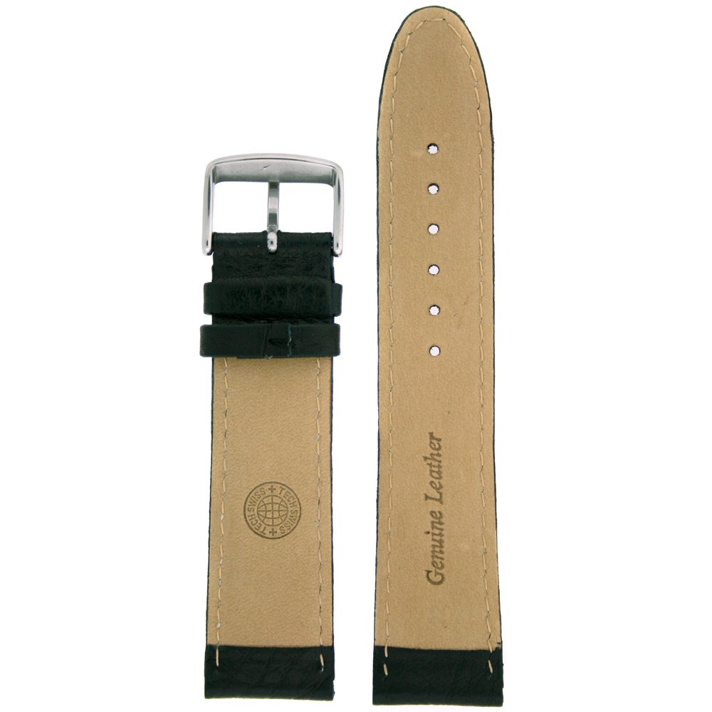 Tech Swiss 20mm Padded Watch Band Genuine Leather Black 20 millimeters White Stitching