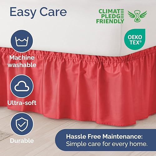 Miniatura 6 de Falda de cama envolvente con volantes, color rojo, para camas de tamaño Queen con caída de 24 pulgadas, correa elástica de fácil ajuste, falda de