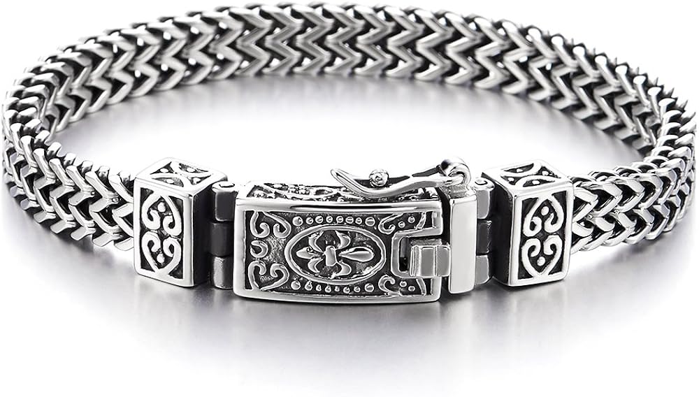 COOLSTEELANDBEYOND Stainless Steel 8.5 in Franco Link Curb Chain Bracelet for Men Vintage Fleur de Lis Spring Box Clasp: Clothing, Shoes & Jewelry