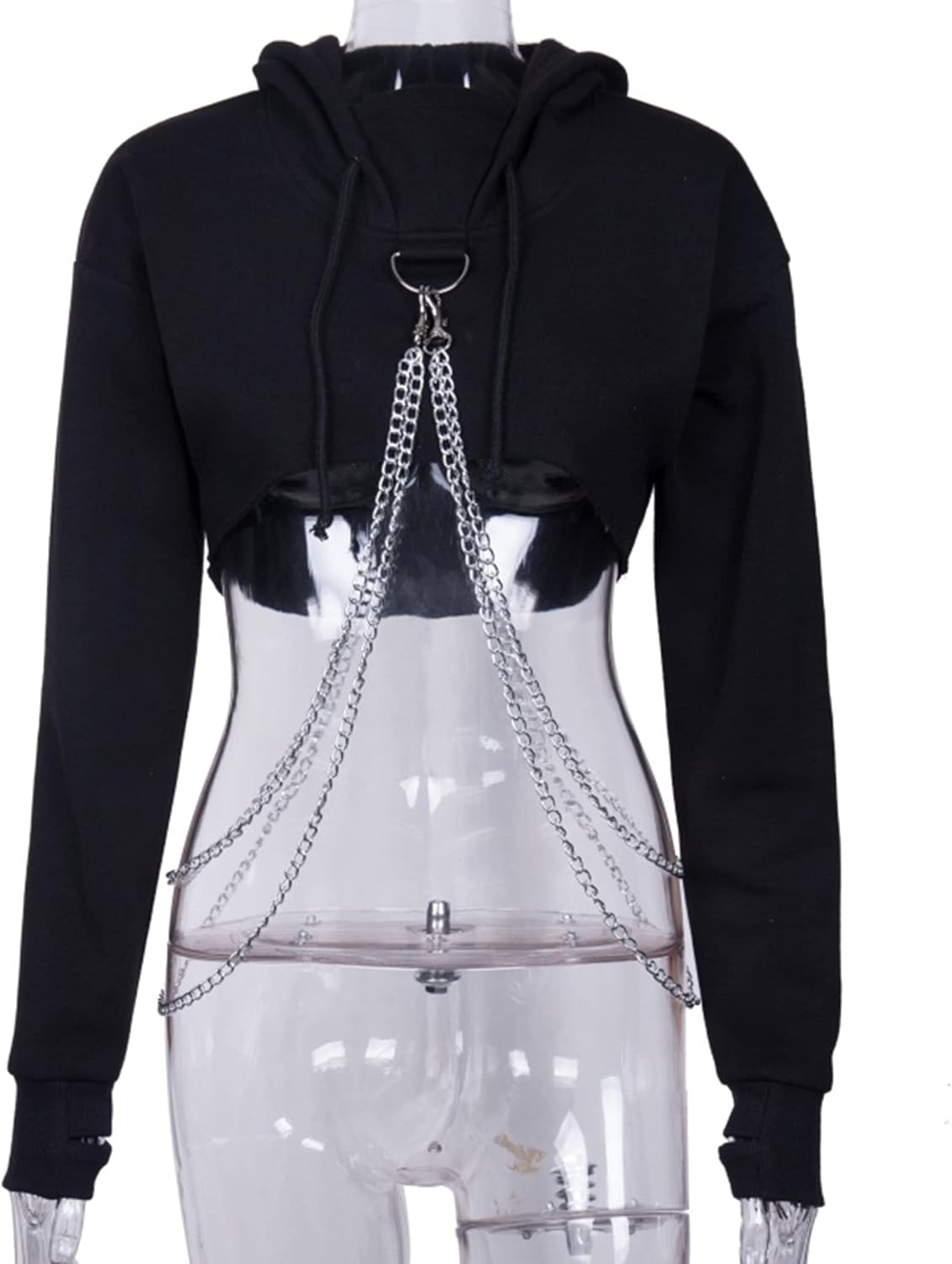 AULKEEP Womens Goth Punk Iron Chain Strap Hooded Crop Tops Cotton Black Hoodie Pullover Sweatshirt - Image 5