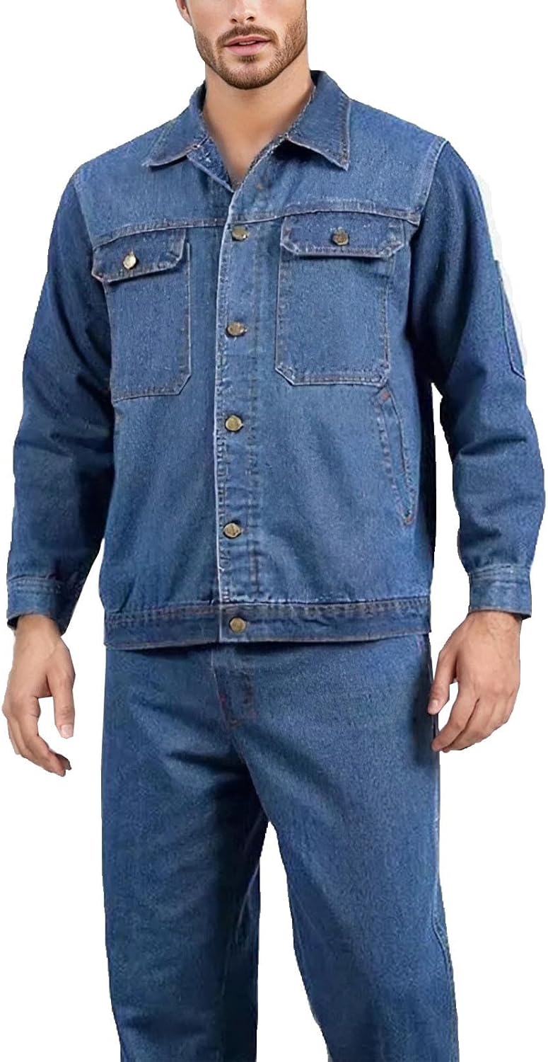 2 Piece Denim Suit for Men Vintage Button Down Washed Ripped Distressed Work Jackets Trucker Biker Jeans Set with Pockets