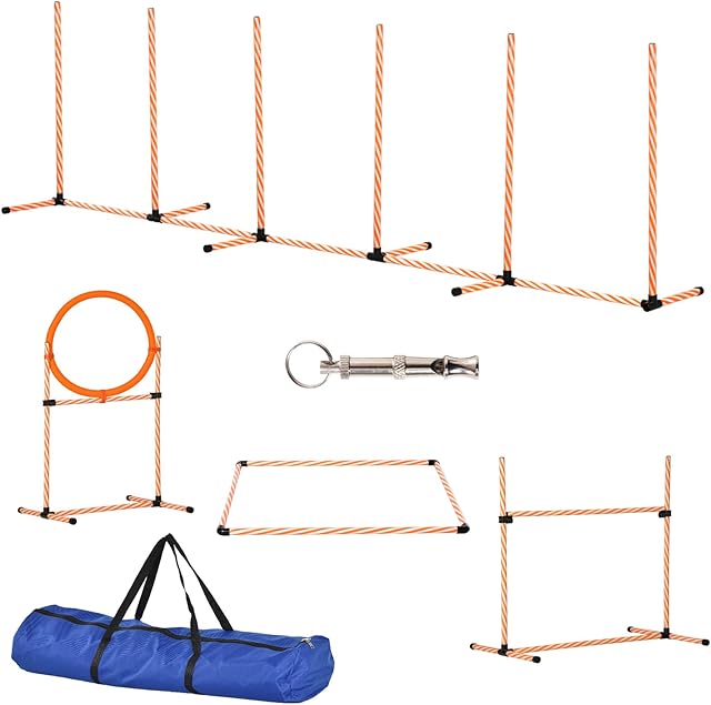 PawHut Pet Agility Training Equipment Dog Play Run Jump Hurdle Bar Obedience Training Set with Adjustable Height Jump Ring High Jumper Weave Poles Square Pause Box Carry Bag Whistle