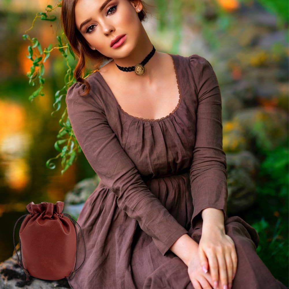 Beebeecraft PU Leather Coin Pouch Medieval Drawstring Bag Purse Vintage Middle Ages Portable Renaissance Dice Bag for Cosplay LARP Reenactment Change Holder Organizer Men Women Brown 6.89 x 6.69 inch