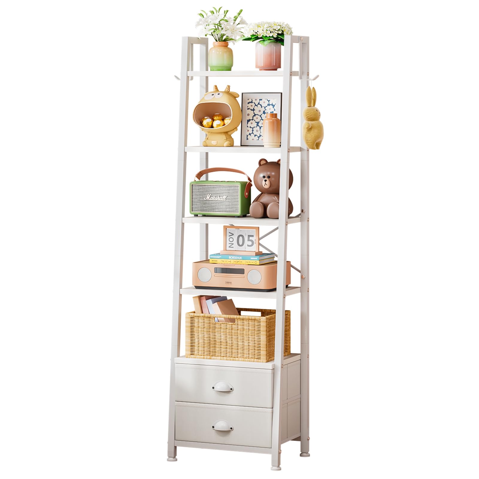 Estantería de 5 Niveles Tipo Escalera con 2 Cajones, Librería Estrecha Independiente para Almacenaje y Exhibición, Estilo Industrial, 39×29×161 cm (Blanco)
