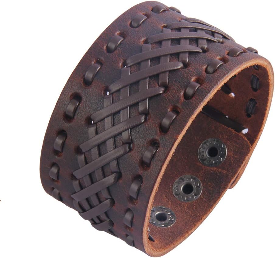 Jeilwiy Punk Leather Wristbands for Men Bracelets Handmade Wide Cuff Bangle Braided Jewelry Black Brown Adjustable - Punk Father's Gifts