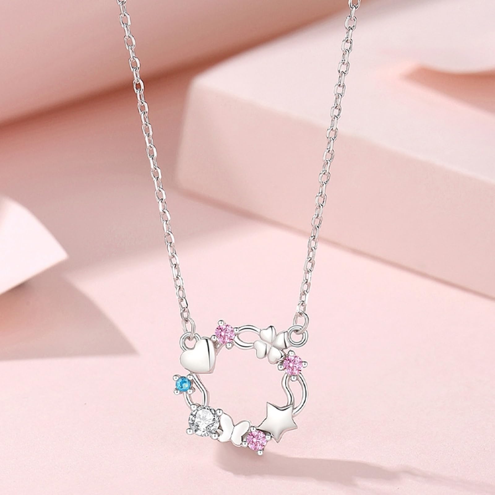 Collar con colgante de corazón para mujer, corona de trébol de mariposa, estrella, corazón, collar delicado para mujer, zafiro creado y topacio moissanita