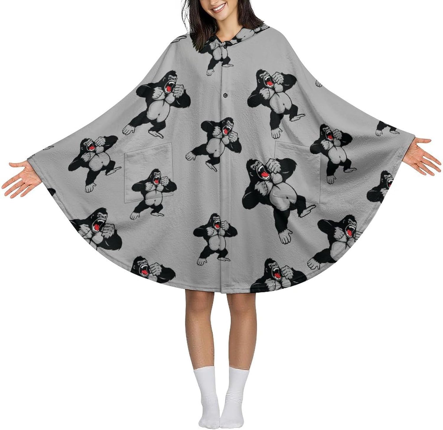 Awesome Kingkong Wearable Blanket with Hooded Flannel Blankets Cape with Pocket