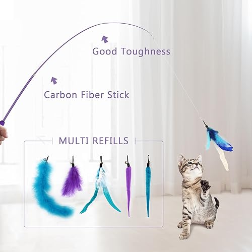 Miniatura 3 de SONGWAY Juego de juguetes interactivos de plumas para gatos, varita retráctil con 6 recambios de plumas con campana, juguetes de varita para gatos