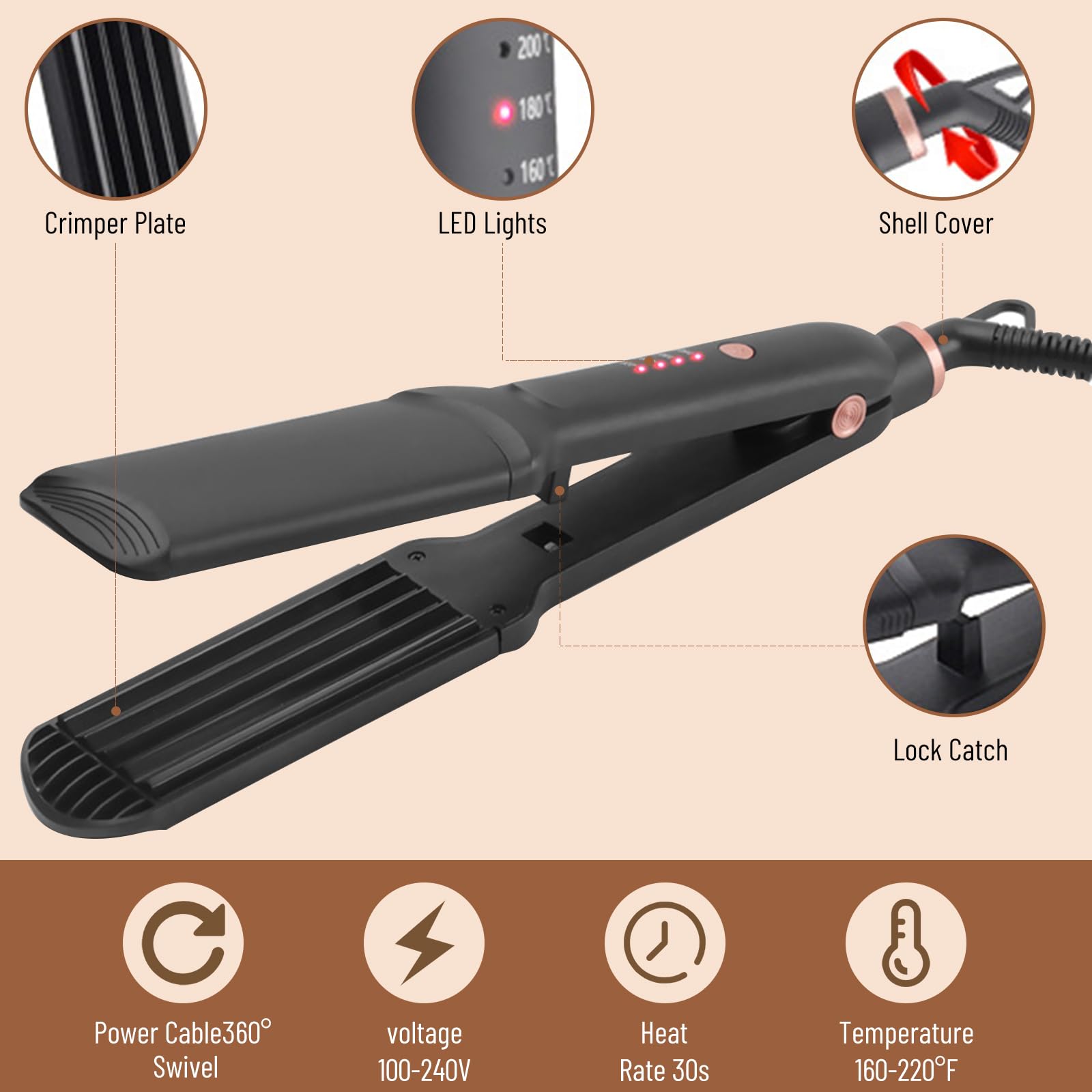 Lisseur Cheveux 4 en 1 Professionnel, 4 Températures (Noir) | Lisseur, crépeur, boucleur & ondulateur avec chauffage rapide – arrêt 60 min, nomade & adapté à tous les cheveux