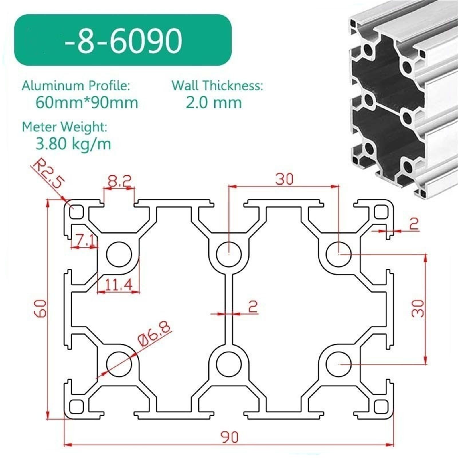 GTPBAO Aluminiowy profil wytłaczany 6090 Rama prowadnicy 60 x 90 mm Rama szczeliny 8,2 mm do urządzeń automatyki maszyn przemysłowych Wytłaczana szyna (150 mm 5,9 cala Long)