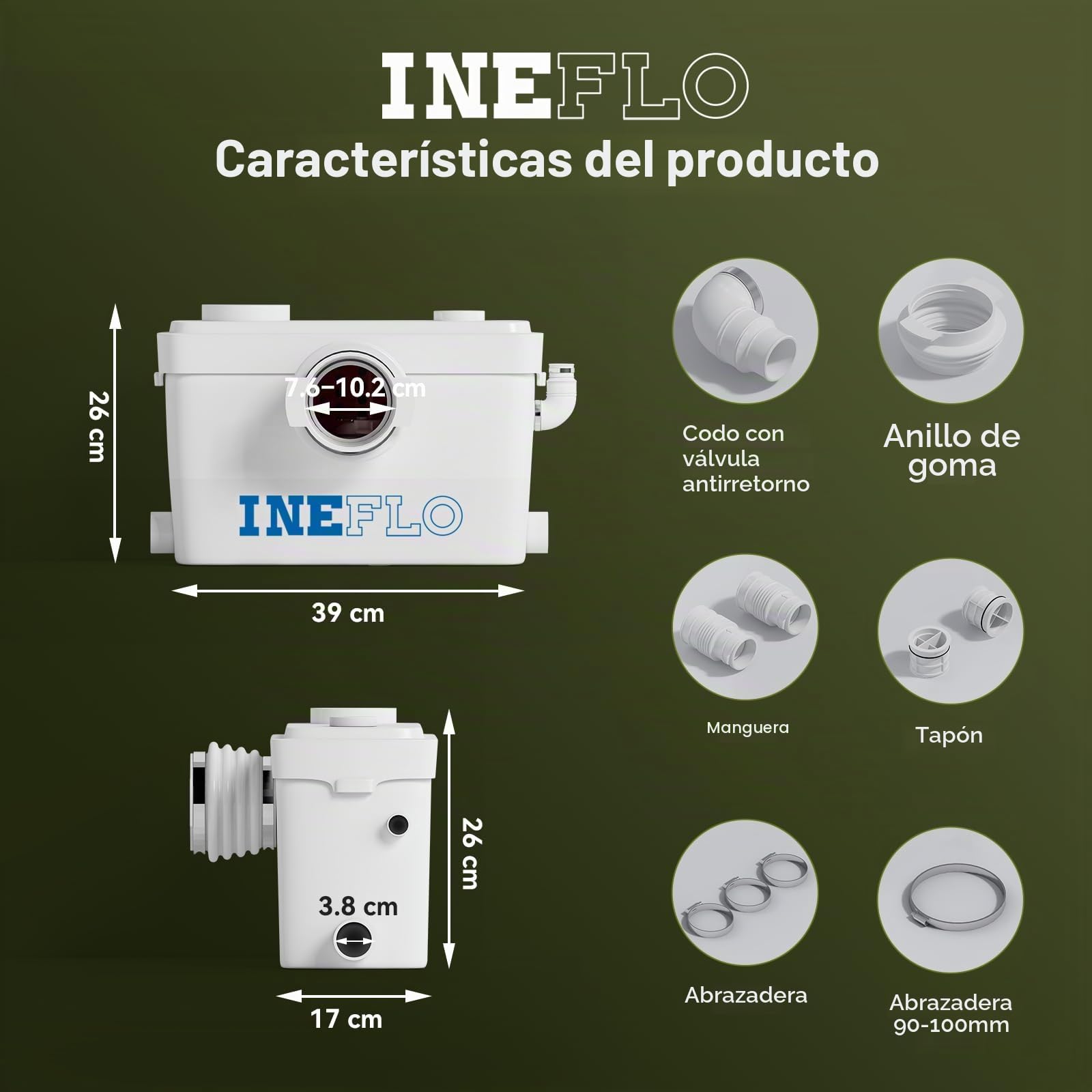 Bomba Macerator de 750 W para elevador de inodoro, motor de cobre, 3 conexiones (inodoro/ducha/lavabo), altura de extracción de 11 m, plana para montaje en pared