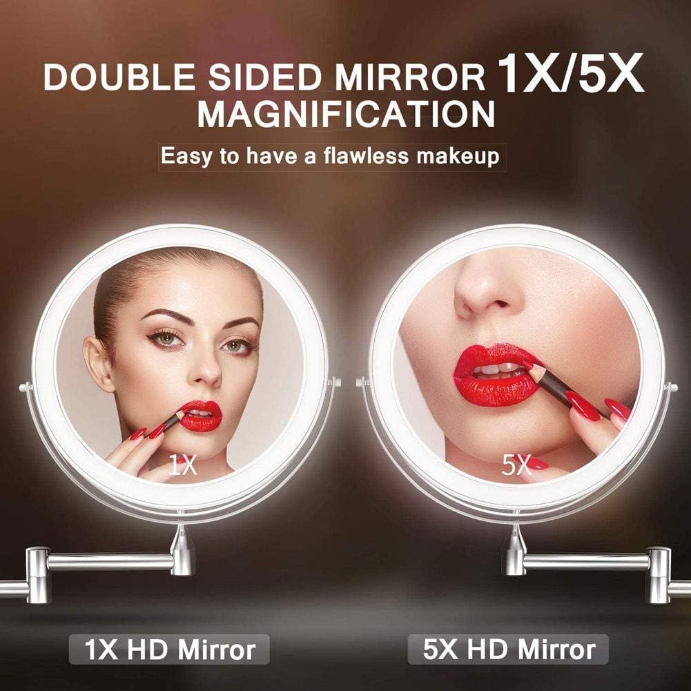 NATWEE Miroir de Maquillage Mural Grossissement 5X Miroir de courtoisie Lumineux pivotant à 360 °, Rechargeable par USB, 8 Pouces It's So Kind of You