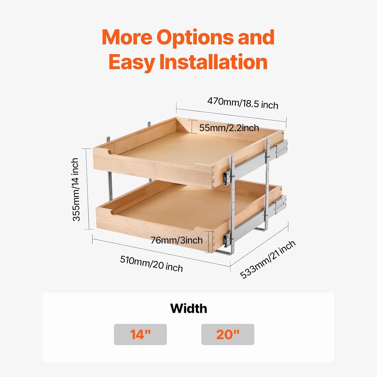 VEVOR 2 Tier Pull Out Cabinet Organizer, 20" W x 21" D Cabinet Drawer, Soft Close Slide out Shelf, Heavy-Duty Sliding Wood Drawer, Adjustable Base Cabinet Organization for Kitchen Pantry Bathroom