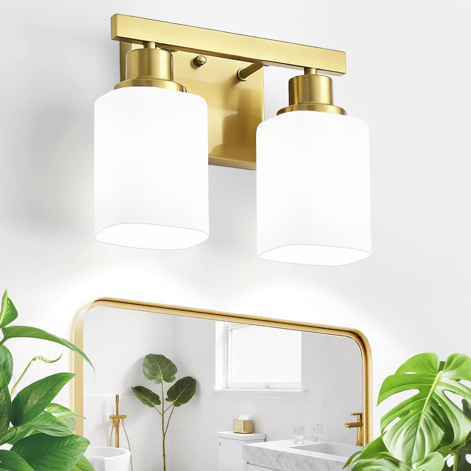 2 Light Gold Bathroom Light Fixtures,Brushed Gold Vanity Light with Clear Glass,Gold Bathroom Vanity Lights Over Mirror,Wall Sconces for Living Room,Bedroom,Hallway(E26 Base)