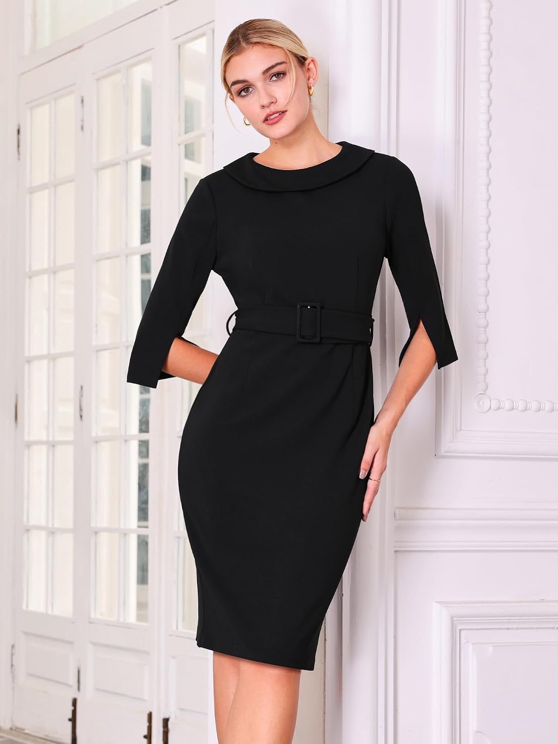 Hobemty Women's Vintage Sheath Dress Half Sleeve Collared Work Pencil Dress