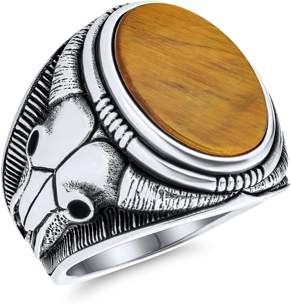 Personalized Mens Signet Brown Tiger Eye Black Onyx Oval Gemstone Western Texas Longhorn Buffalo Cow Skull Antelope Goat Skull Mens Ring .925 Sterling Silver Made In Turkey Customizable