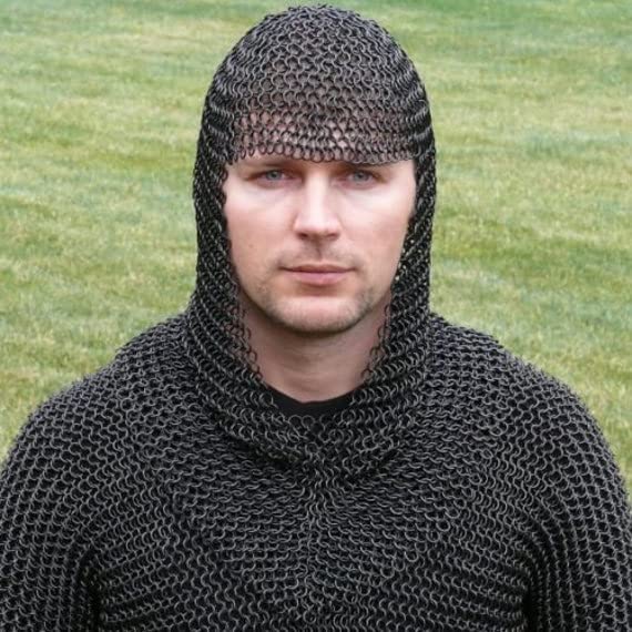 Image of AnNafi Chainmail Coif Iron Steel V-Neck Chain Mail Hood Medieval Templar Crusader Re-enacment Armor Costume,Black