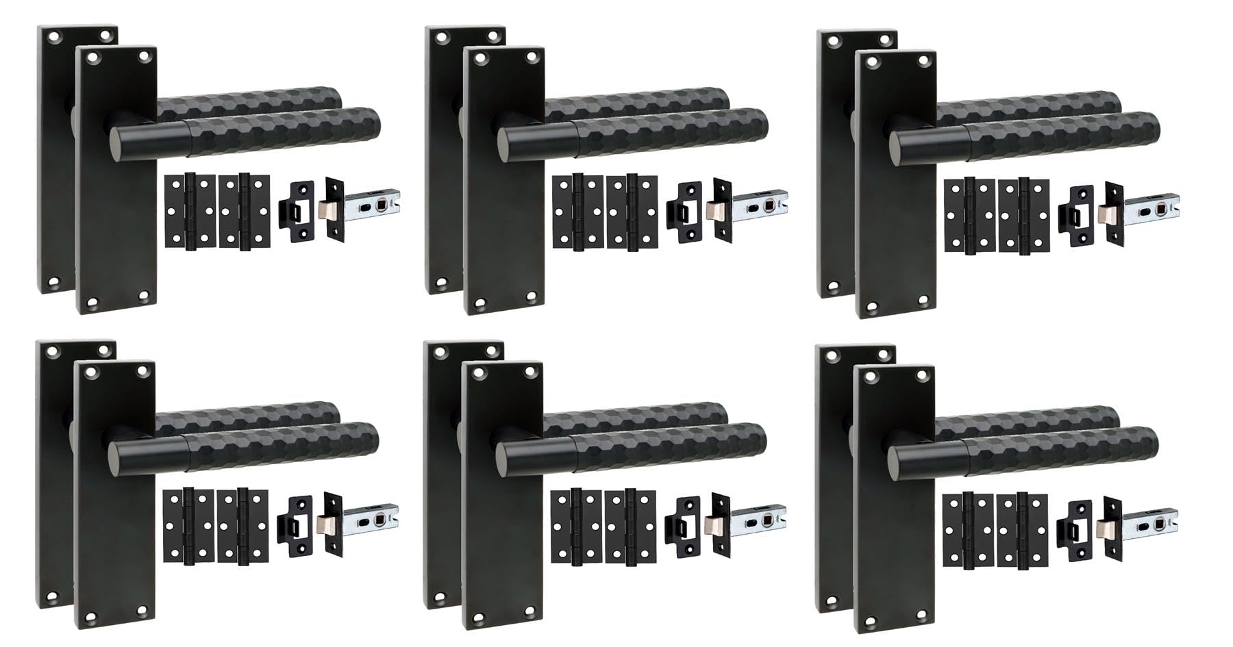 Golden Grace Matt Black 6 Pair Victorian Knurled Hex Cut Internal Door Handle Sets 150 X 40Mm With 2.5" Latch & Hinges