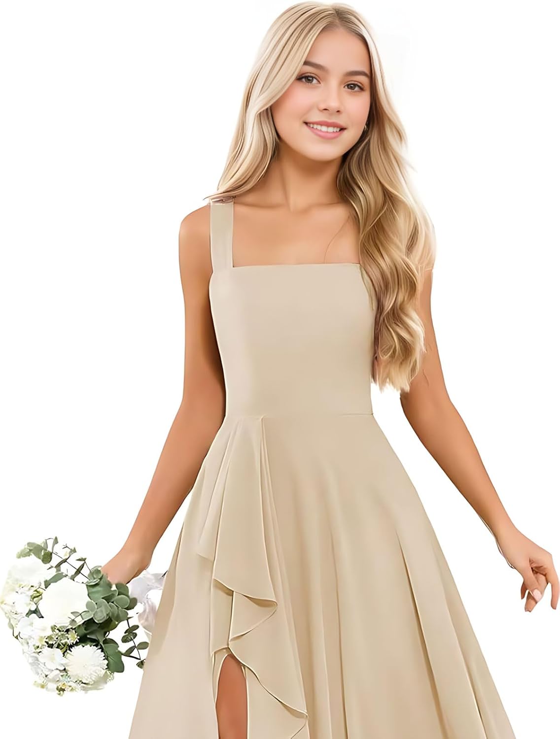 Junior Bridesmaid Dresses for Teen Girls Chiffon Flower Girl Dress for Wedding Formal Party Dance Gown with Slit