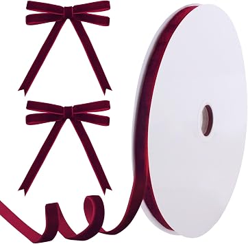 Tsorode 25 Yards Velvet Ribbon for Christmas Tree Gift Wrapping,3/8 Inch Burgundy, 3/8 inch