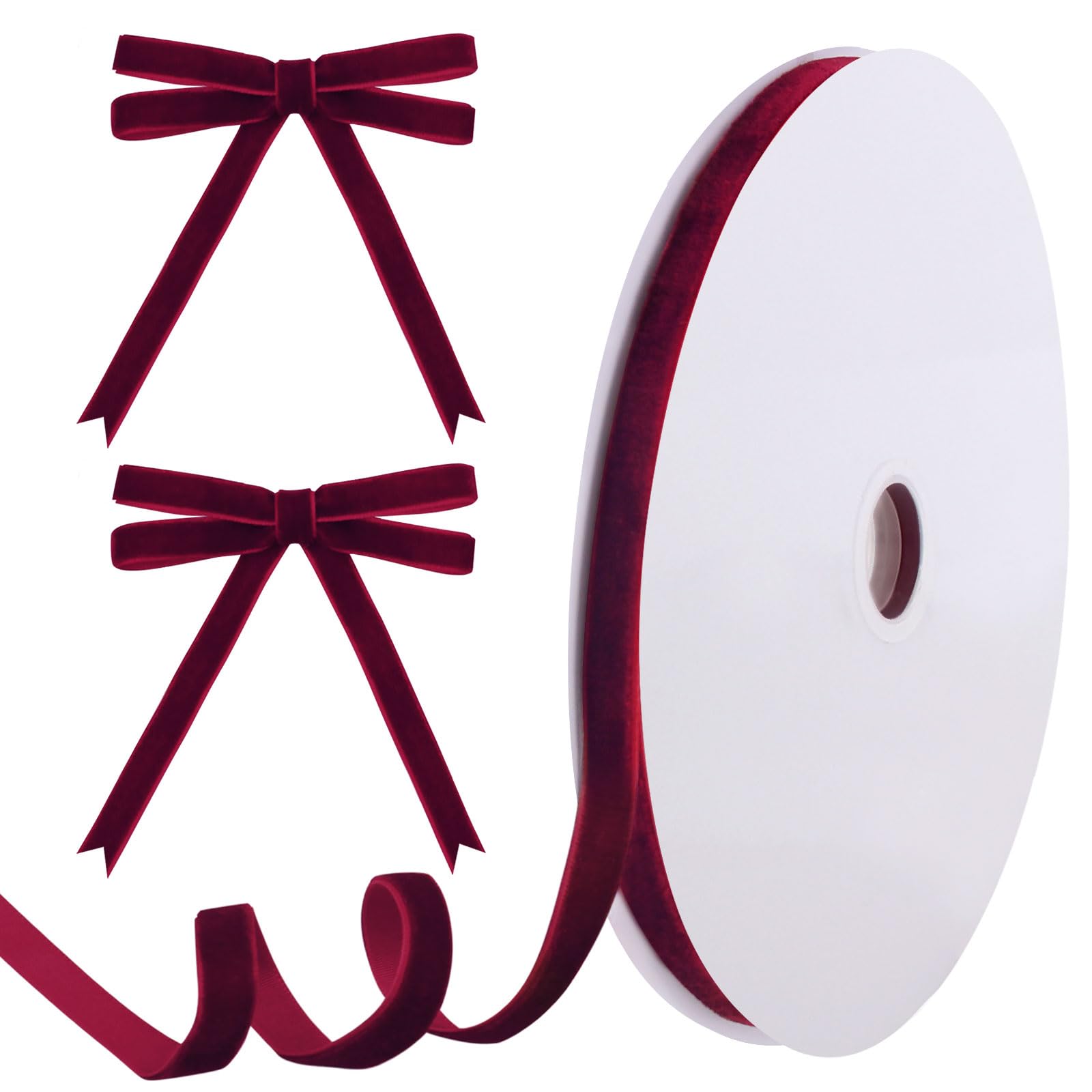 Tsorode 25 Yards Burgundy Velvet Ribbon for Christmas Tree, 3/8 Inch
