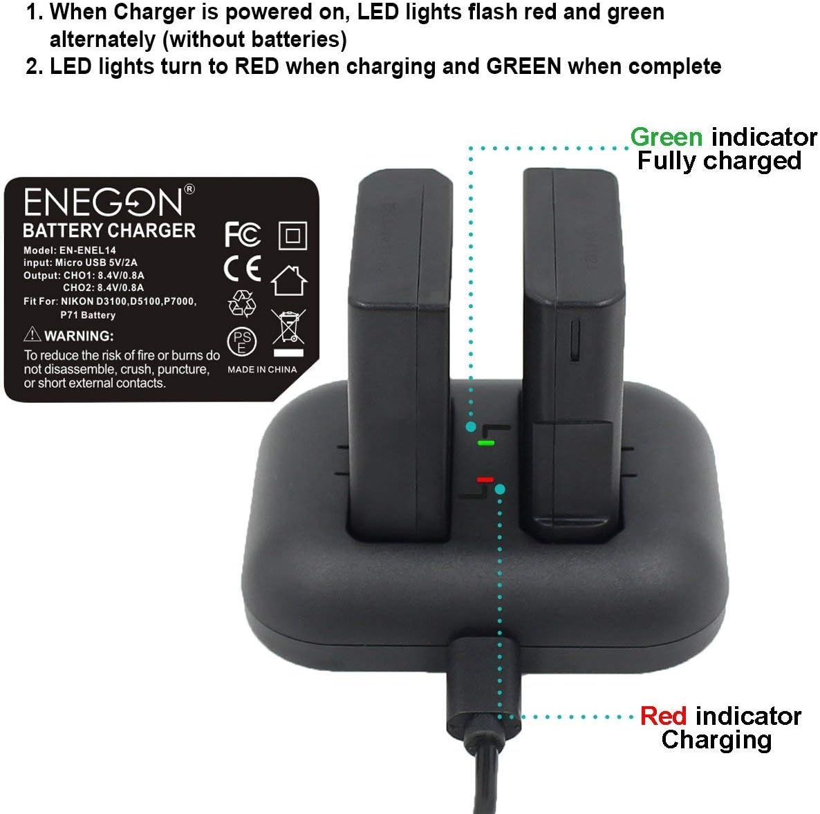 ENEGON dual charger showing red LED for charging and green LED for fully charged status.