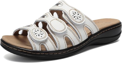 Classic Leather Women Sandals with Arch Support Adjustable Hook and Loop Slip-On
