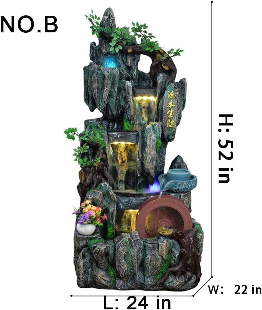 Mountain Waterfall Fountain with LED Lights and Bonsai Accents – Indoor/Outdoor Zen Water Feature for Home, Garden, or Office Decor(B)