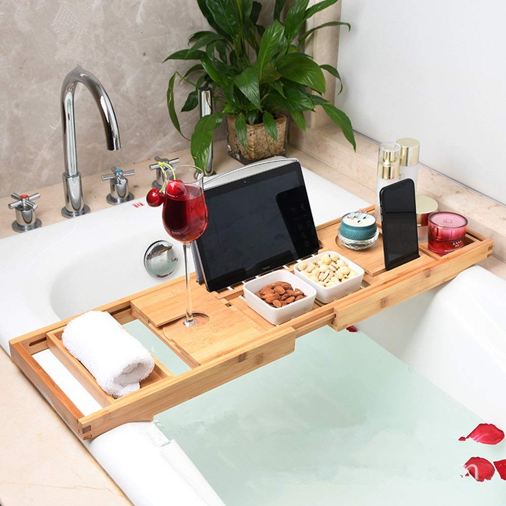 Estante para bañera Bandeja para bañera de bambú Puente de Bandeja para baño con Lados Extensibles Soporte para Tableta para Libros Incorporado Bandeja para teléfono móvil Soporte para Copa de Vi