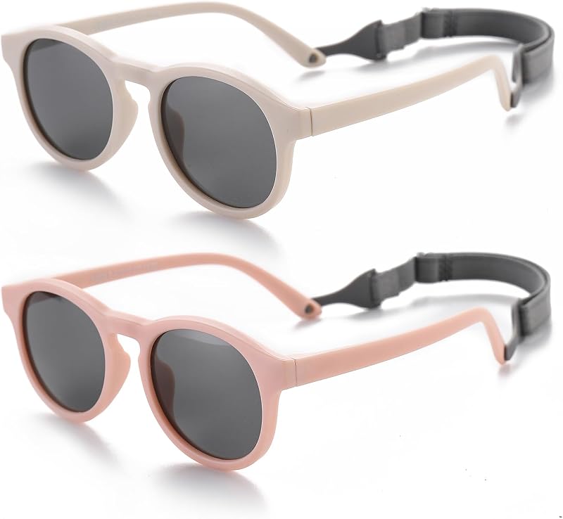 Óculos de sol infantis redondos FLJMRAVER com armação flexível, lentes polarizadas UV400 e tira ajustável, 0 a 24 meses, conjunto com 2