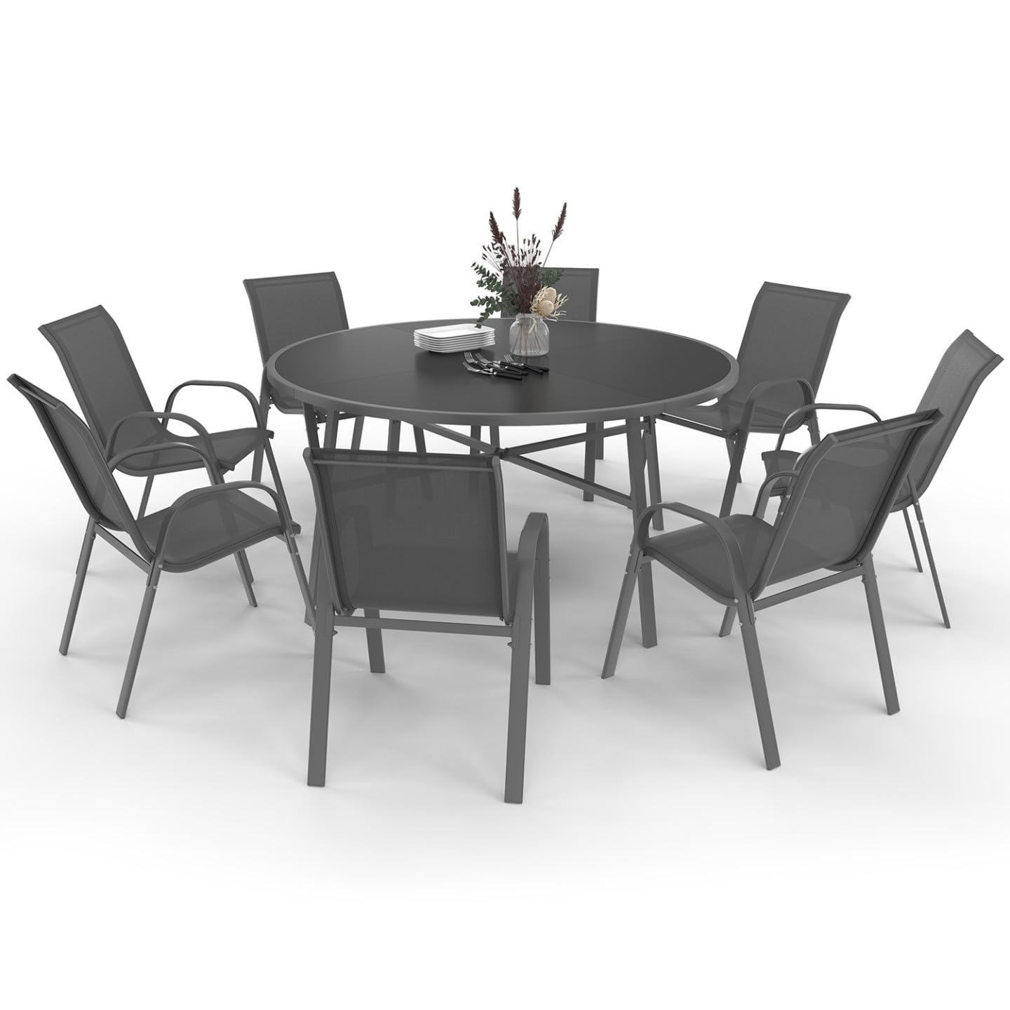 IDMarket - Salon de Jardin Madrid Table Ronde 150 cm, 8 chaises empilables