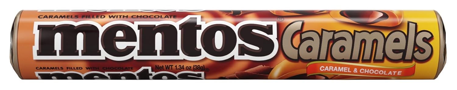 MENTOS CANDY ROLL, CARAMEL & CHOCOLATE, NON MELTING, 1.34 Ounce (Pack of 12)