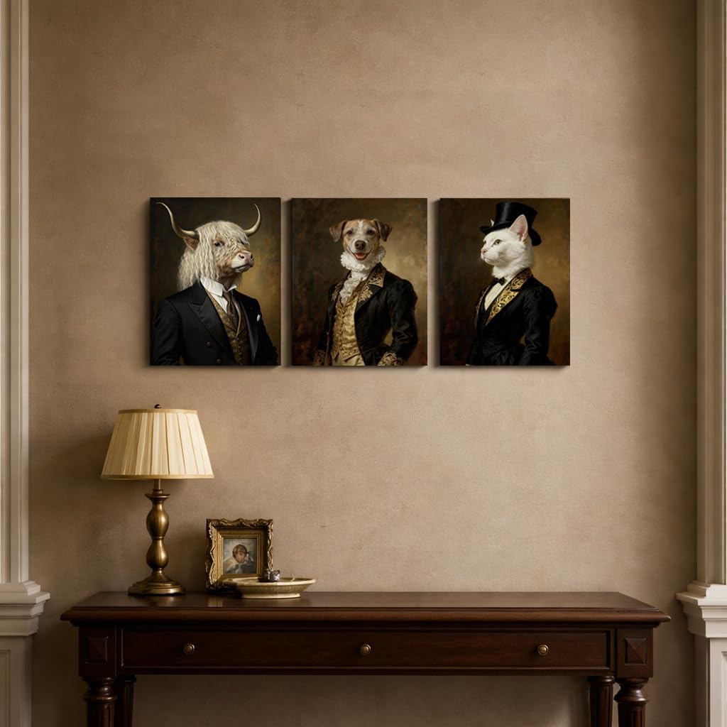 Artiluxy Set of 3 Funny Animal Canvas Wall Art, 12x16 Inch Vintage Gentleman Animal Portrait Prints, Humorous Classy Artwork on Stretched Canvas for Living Room or Office Decor