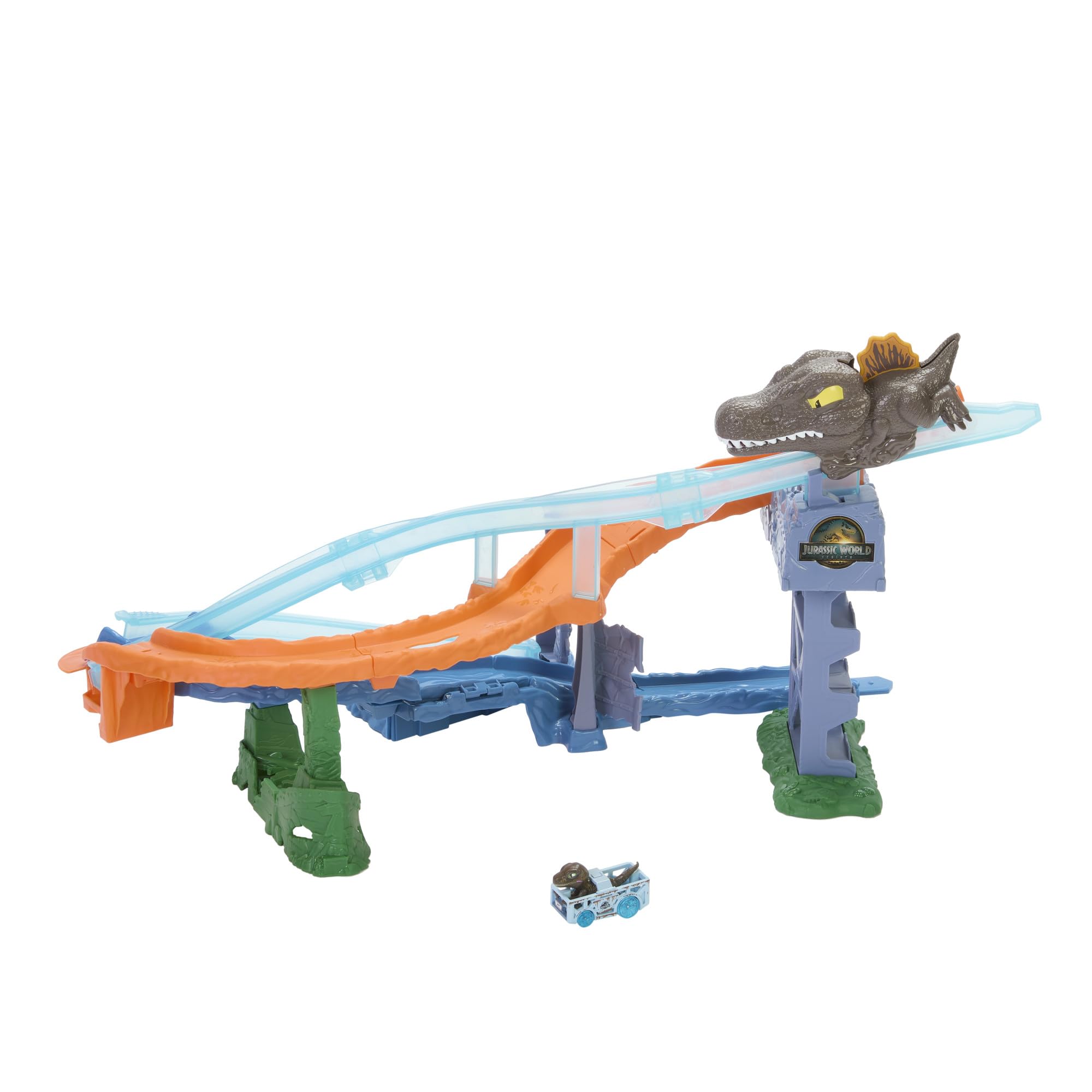 Hot Wheels RacerVerse Jurassic World Pista Scontri e Tuffi, playset con veicolo velociraptor die-cast, gara di dinosauri con spinosauro, JFP32