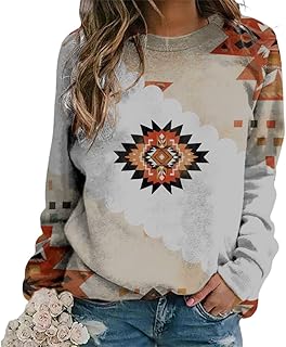 Spatofa Sudadera vintage azteca occidental para mujer, casual, cuello redondo, gráfico étnico, camisetas ligeras de manga larga