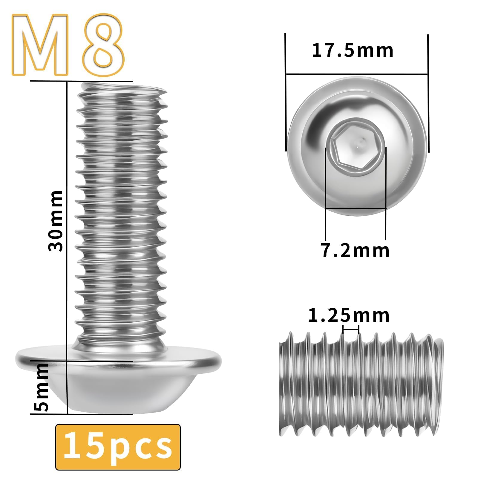 15 Pezzi Viti M8x30mm Viti Inox A2 V2A M8 con Flangia Vite a Testa Bombata con Esagono Filettatura Completa Metrica per Edilizia Arredamento Produzione Meccanica