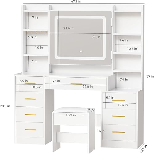 Miniatura 8 de BEWISHOME Escritorio grande con espejo y luces, mesa de maquillaje blanca con toma de corriente, escritorio de maquillaje con 8 cajones, 7 estantes