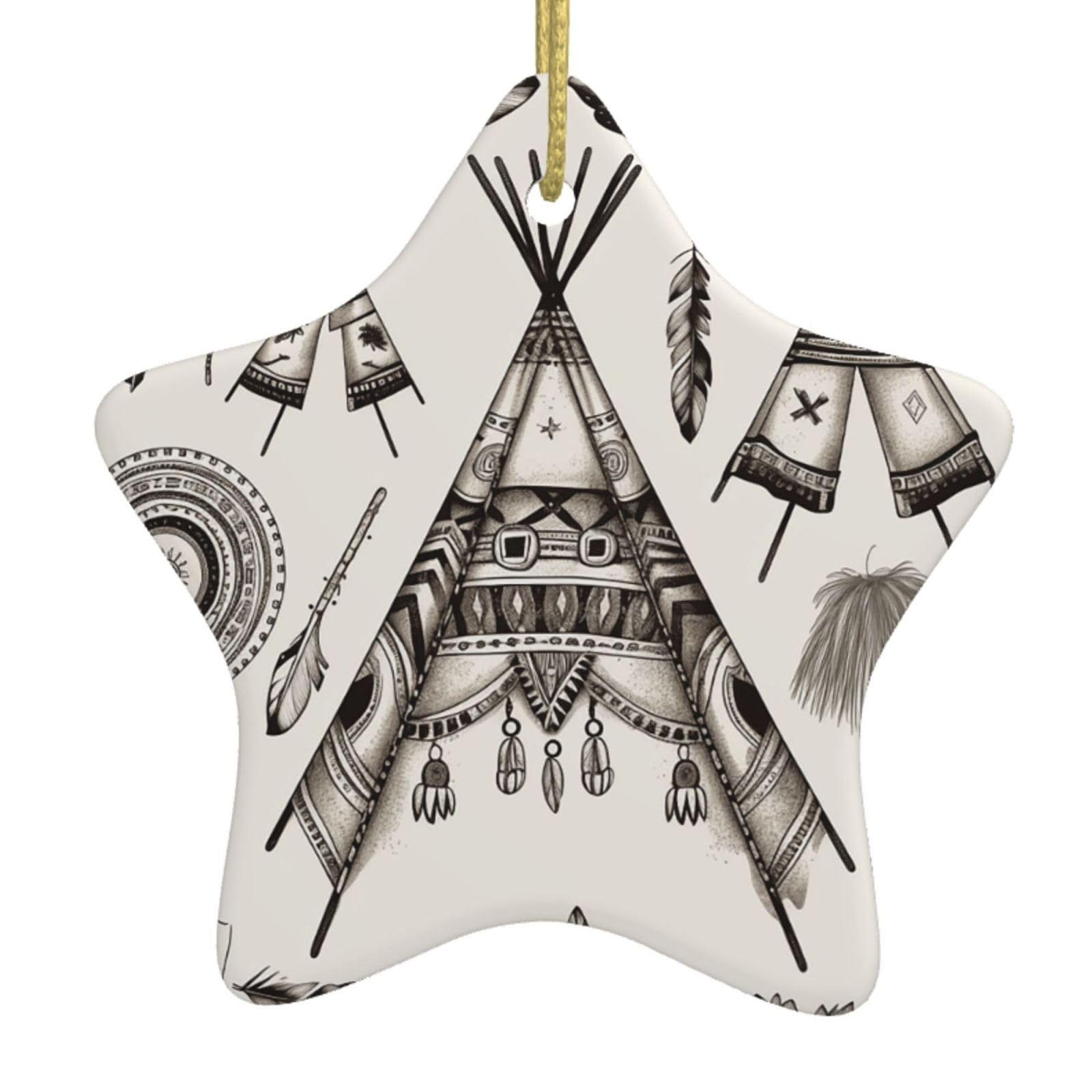 Ceramic Christmas Tree Hanging Ornaments with Gold Ropes Christmas Tree Decorations Star Ceramic Feather Head Band Teepee Tent Pendant Keepsake Decorations for Holiday Xmas Gift Ideas