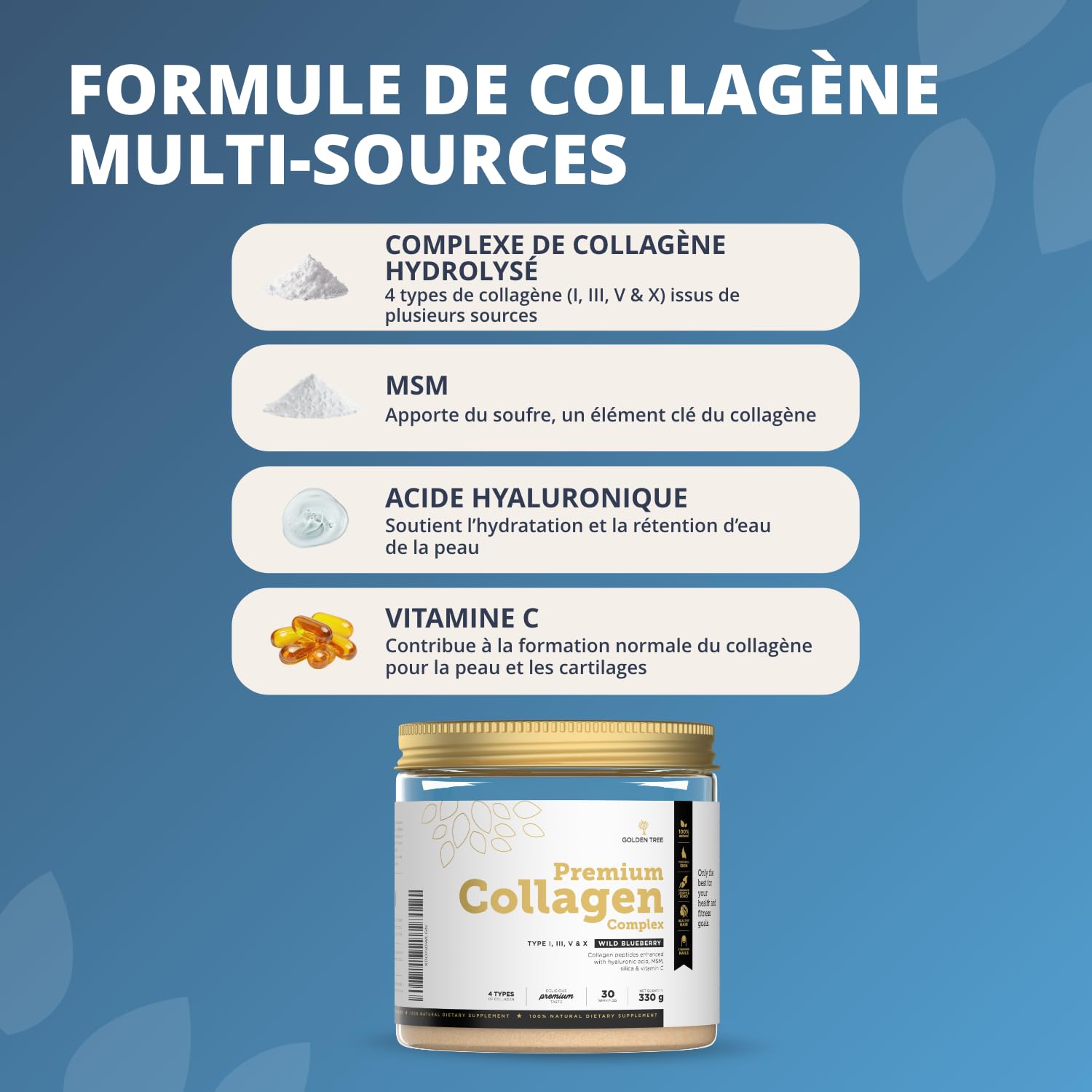 Golden Tree Premium Collagen Complex, 330 g, 30 Portions | Collagène en Poudre avec MSM, Acide Hyaluronique, Vitamine C, Silice, Types I III V X