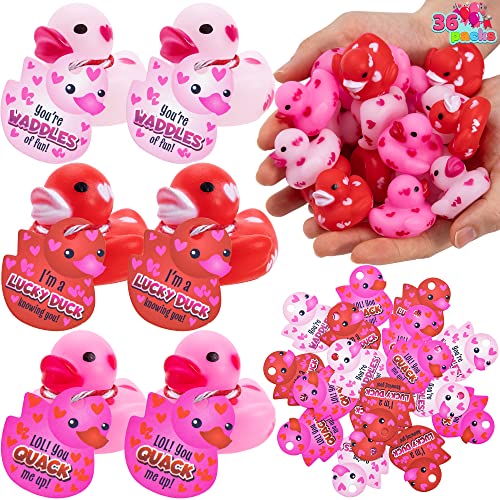 JOYIN 36 Pcs Valentine's Day Mini Rubber Duck With Gift Cards, 1.1 Inches Small Duckies With Card Tags, Bath Toys for Classroom Exchange Prizes, Party Favors