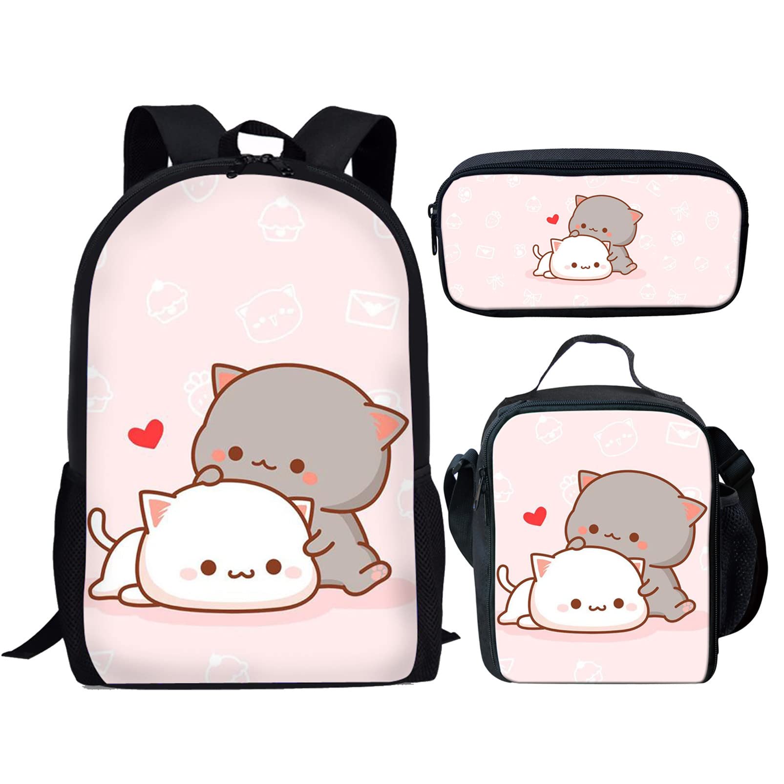 Cute Cat School Backpack for Teen Girls Kawaii Bookbag with Lunch Boxes Pencil Case 3Pcs for School Office Lightweight Outdoor Travel Mountaineering Bag